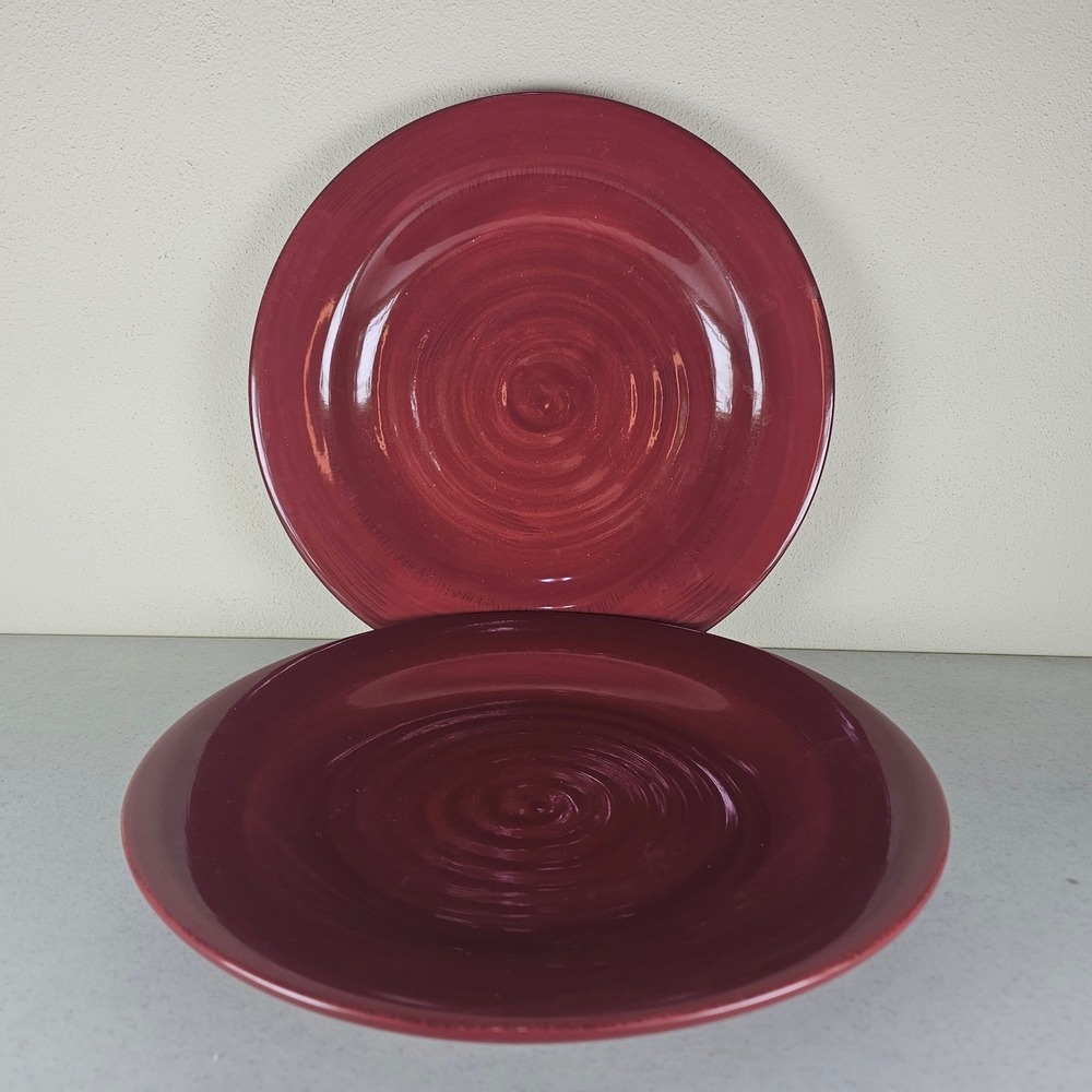 2 Ruff Hewn Pottery Swirl Dark Red 11" Dinner Plates